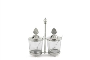 Gümüş Standlı Kapaklı 2li Cam Baharatlık 17x7x19cm