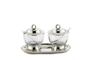 Gümüş Tepsili Kapaklı 2li Cam Çerezlik 26x12x14cm
