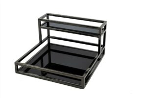 Siyah Gümüş Metal 2Katlı Aynalı Sunum Tepsisi 30x30x17cm